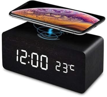 INF Digitaler LED Wecker mit kabellosem Laden, Digitalwecker und Qi-Ladegerät in einem, schwarz