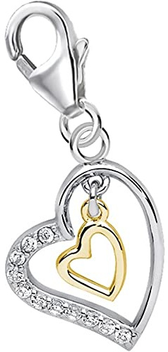 Goldene Hufeisen Herzen Karabiner Charm Anhänger für Bettelarmband aus 925 Sterling-Silber Gold mit Zirkonia