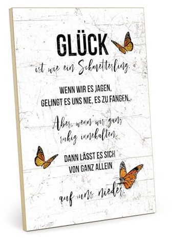 TypeStoff Holzschild mit Spruch – Schmetterling – im Vintage-Look mit Zitat als Geschenk und Dekoration zum Thema Glück - HS-00988