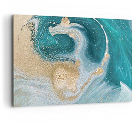 ARTTOR Bilder auf Leinwand 120x80cm Wandbild Abstrakt - 4969 | Türkis Hintergrund Golden Groß XXL Wanddekoration Wohnzimmer Schlafzimmer Wanddeko Wand Kunstdruck Wandkunst ARTTOR