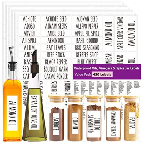 450 etiquetas de especias,372 pegatinas de vinagre de aceite de vainilla preimpresas con especias,78 etiquetas blanco,impermeable/antiaceite,sin etiquetas de despensa de cocina residuales