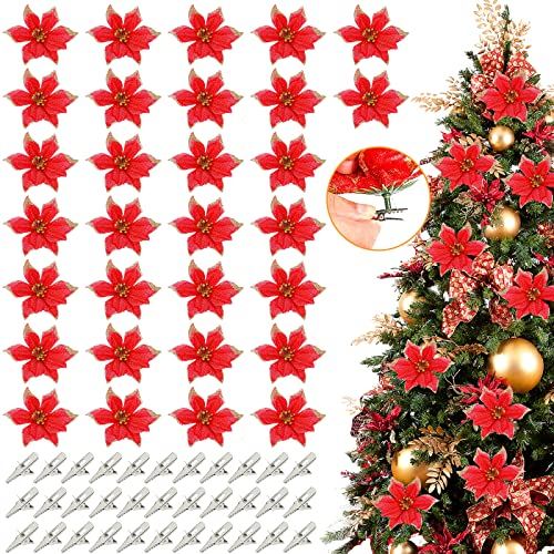 Lot de 30 fleurs de Noël artificielles à paillettes - Décoration de sapin de Noël - Fleurs de Noël artificielles avec 30 clips pour sapin de Noël (rouge)