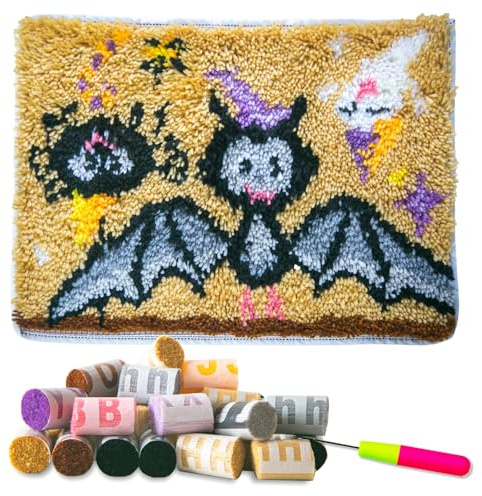 DL-YTG Latch Hook Kits Rug Halloween Bat Crochet Yarn Cushion Colour Pre-Printed Canvas Cover Rug Needlework DIY Hook and Latch Kit Christmas Home Decoration 52x38cm/20 X15inch