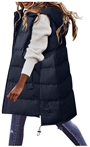 Onsoyours Hiver Gilet en Duvet sans Manches Femmes Décontracté Zippée Matelassé avec Capuche Veste d'hiver à Capuche sans Manches Gilet Chaud Fermeture Éclair Gilet Long Blouson H Noir 3XL