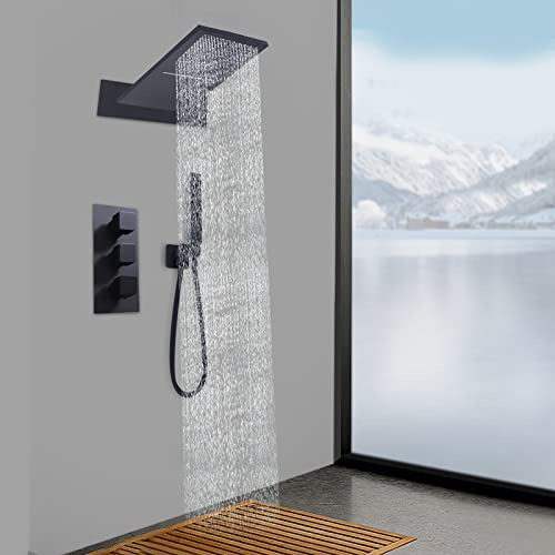 Système de douche encastré - Noir - Système de douche à effet pluie - Avec pommeau de douche, douchette à main, système de douche thermostatique