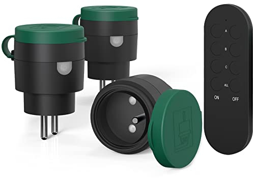 Presa di controllo senza fili, presa di sicurezza telecomandata esterna IP44, portata 40 m, 2300 W, plug and play, All On/Off, nero/verde