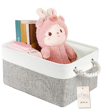 JUNLAI Aufbewahrungskorb Stoff mit Griffen, Faltbare Kleine Aufbewahrungsbox, Kleiderschrank Aufbewahrungskörbe für Büro & Haus, Buch, Kleidung, Spielzeug (Grau Weiß, Klein)