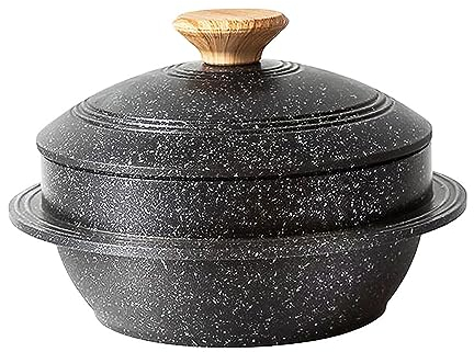 Bobikuke Cast Aluminum Pot with Lid, 18 cm Non-Stick Casserole Dish Korean Stone Bowl Induction Compatible, Black