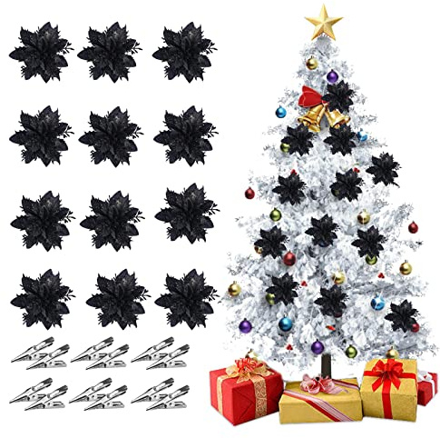 belupai Lot de 12 Fleurs de Poinsettia de Noël avec Clips, 14 Cm, Fleurs de Poinsettia Artificielles à Paillettes, Fausse Fleur Creuse Noire en Plastique pour Couronne de Noël, Fournitures de(#1)