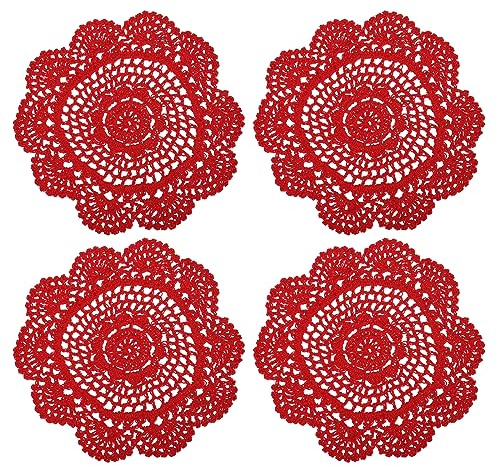 QUARKZMAN 4 Stück Handgemachte Häkeldeckchen - Baumwolle Gewebte Gehäkelte Deckchen Spitze Stickerei Platzdecken mit Blumig Muster für Hochzeit Party Dekoration (Rot)