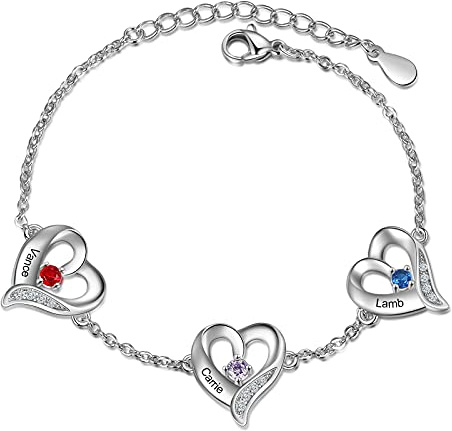 lorajewel Personalisiertes Damenarmband mit Geburtsstein Name Herz-Armband Silber Geschenk für Muttertag Valentinstag Weihnachten