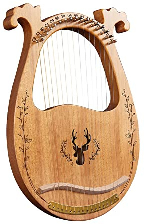 Lyra-Harfe, 16-saitiges hölzernes Lyra-Harfen-Resonanzkasten-Saiteninstrument mit Stimmschlüssel, 3 Stück Picks, Saiteninstrumente