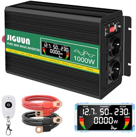 JIGUUN 1000W Wechselrichter 12V Auf 230V Reiner Sinus Spannungswandler mit LCD-Anzeige,AKabellose Fernbedienung,2 EU Steckdosen,1 USB,Spitzenleistung 2000W,Kfz Konverter