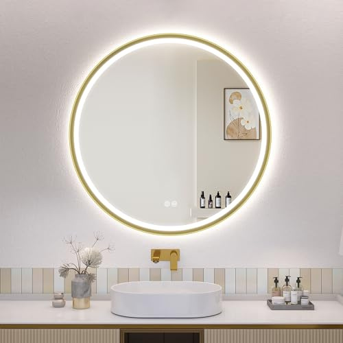 S'bagno badrumsspegel med belysning 60 cm, rund spegel med belysning med aluminiumram, dimning, 3000–6500 K, HD-härdat glas, IP44 badrumsspegel med ljus minnesfunktion, guld