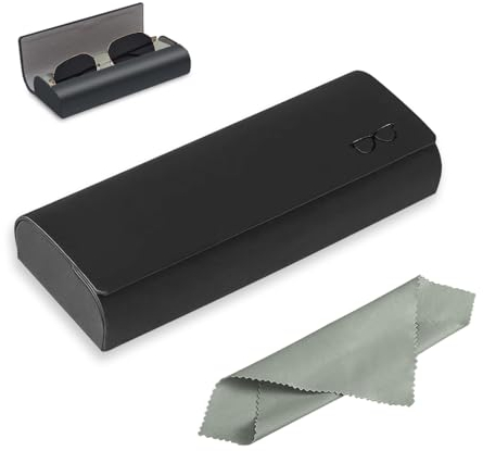 Azwood Hard Shell Glasses Case, Black Portable Eyeglass Case, Unisex PU Leather Sunglasses Storage Box with Cleaning Cloth - Spectacle Case Protective Glasses Stand for Men Women Study Work