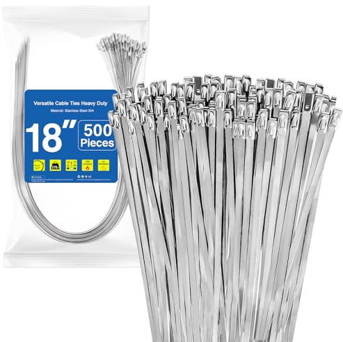 500 Pack Metal Zip Ties 18 Inch×0.15 Inch Stainless Steel Metal Cable Ties 304 Heavy Duty Self-Locking Metal Tie Wraps Load Capacity 270 lbs Suitable for Exhaust Wrapping Fence