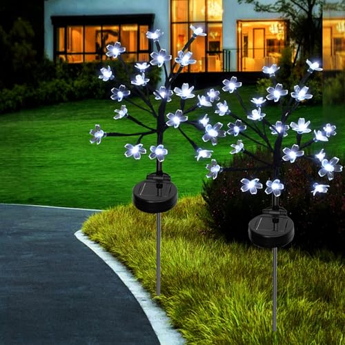Lot de 2 lampes solaires pour jardin - 16 LED - Fleurs de cerisier - Éclairage extérieur - Simulations solaires - Décoration de jardin pour terrasse, patio, balcon - Blanc froid