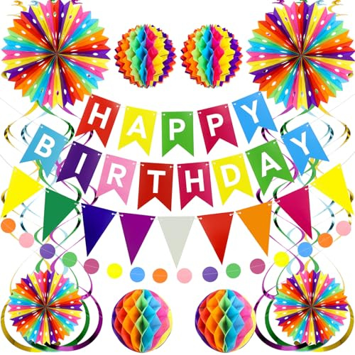 PatiCool Wiederverwendbare Geburtstagsdeko, Pre-Strung Bunt Geburtstag Party Deko, Regenbogen Happy Birthday Deko - Happy Birthday Girlande, Wimpelkette Geburtstag, Wabenbälle, Papierfächer