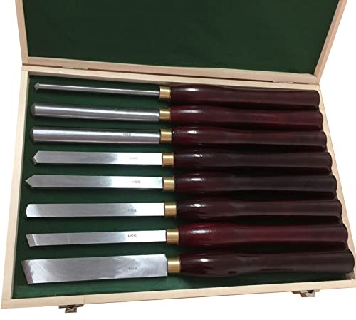 Juego de cinceles para torno de madera, 8 piezas, juego de cinceles para madera, herramientas de torneado de madera, cuchillas de acero de alta velocidad, mango de madera de calidad y estuche de alm