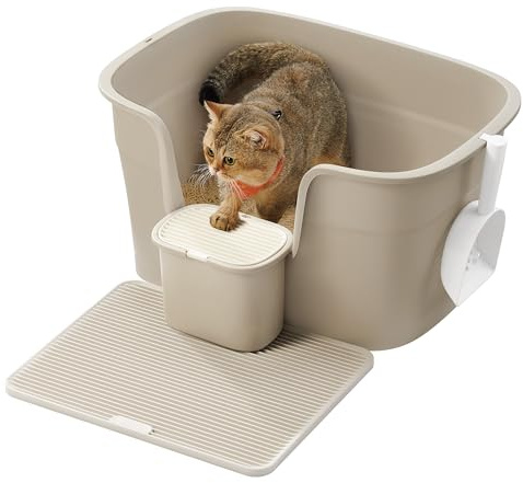 Feandrea Bac à Litière pour Foyers Multi-Chats, Litière Extra Large avec Paroi Latérale, avec Un Tapis de Litière, Boîte de Rangement, Pelle, pour Grand Chat, Beige Cappuccino PPT003K01