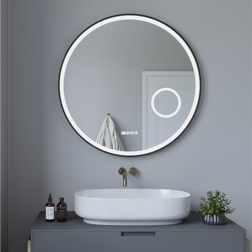 AQUABATOS Miroir de Salle de Bain avec éclairage LED, Rond de 80 cm, Cadre Noir, Horloge, Miroir cosmétique, Lumineux, Antibuée, Interrupteur Tactile, pour Interrupteur Mural
