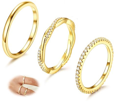 Diamday 3Pcs Bague Femme Or Pouce Bague Empilables Bague Lot Plaqué 14K Or Bague Fiançailles Femme Promesse Alliance Knuckle Bagues Ensemble Zircone Cubique Simple Anneaux pour Femme Fille