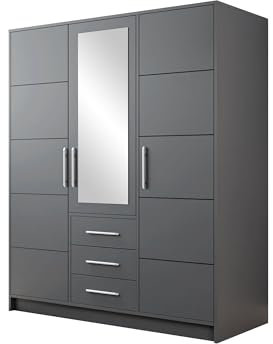 Mirjan24 Drehtürenschrank Bado 3D, Kleiderschrank mit Spiegel, 3 Schubladen und Spiegeltüren, Elegantes Schlafzimmer Schrank, Jugendzimmer (Graphit, ohne Schrankaufsatz)