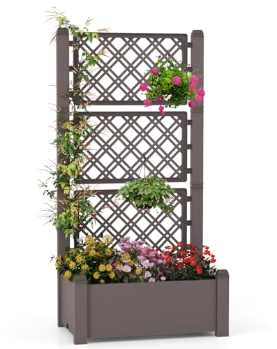 GOPLUS Pflanzkasten mit Rankgitter, Blumenkasten mit 3-stufigem Spalier & Ablauflöchern, Hochbeet mit Wasserstandsanzeige & abnehmbaren Trennwänden, Blumenbeet, 76,5 x 45 x 150 cm (Kaffee)