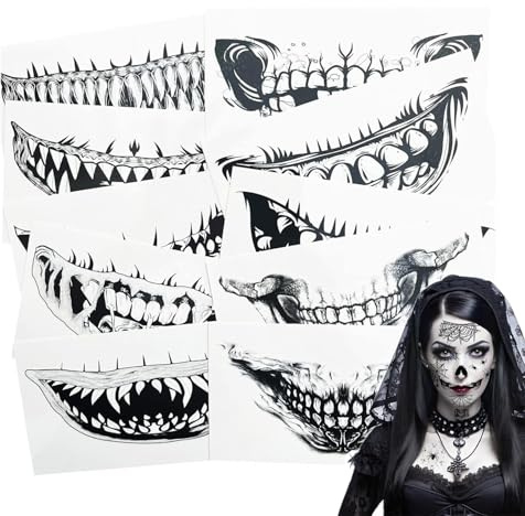 10 Blätt Halloween Tattoo Gesicht - Mund Aufkleber Damen Schminke Accessoires, Karneval Make Up für Zombie Skelett Vampir Kostüm Requisiten Cosplay Gesichtstattoo