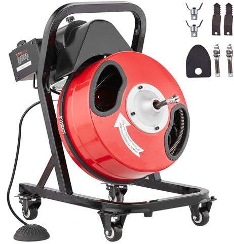 VEVOR Déboucheur Électrique de Canalisation 15 m x 1,27 cm Machine de Nettoyage de Tuyaux Alimentation Manuelle sur Roues Nettoyeur de Tube avec 4 Coupeurs, Commande à Pied par Air pour Tuyaux 5-10 cm