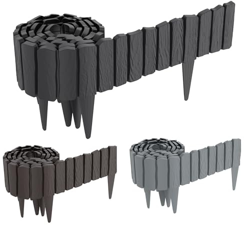 FIVMEN Rasenkante Kunststoff 4,6 m Holzoptik Beeteinfassung Beetumrandung mit 10 cm Stifte Holzmaserung imitiert Mähkante Palisade Gartenzaun für Garten, Anthrazit