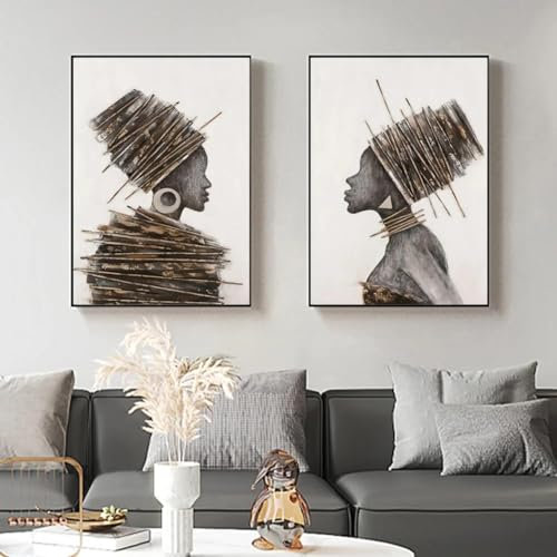 Abstrakte afrikanische Frau Porträt Kunst Malerei Leinwand Poster und Drucke Dunkelbraun Schwarz Mädchen Wandbilder Dekor 60x90cmx2 Rahmenlos