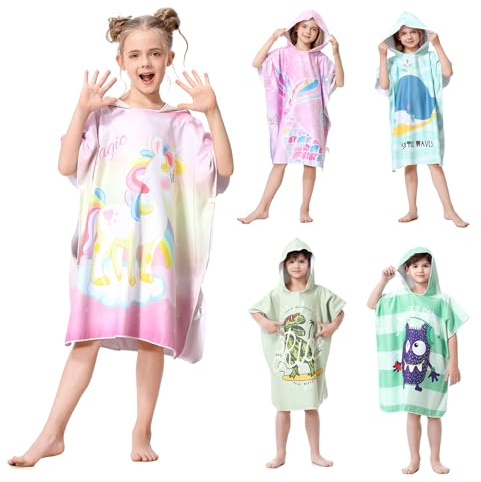 MOKANI Hooded Poncho Towels for Kids, Quick Dry Microfibre Bath Swim Beach Towels Changing Robe for Girls Boys, Warm Wrap Towelling Poncho for Bathroom Swimming Pool Travel(Kid's Height: 100-140CM)