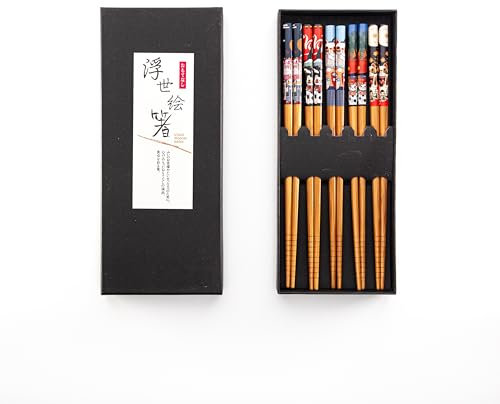 Bamboo Chopsticks Set, 5 Pairs of Stylish Japanese Wooden Chopsticks in Black Box - Perfect Reusable Cooking & Dining Gifts for Anime Fans and Beginners (Fortune Cat)