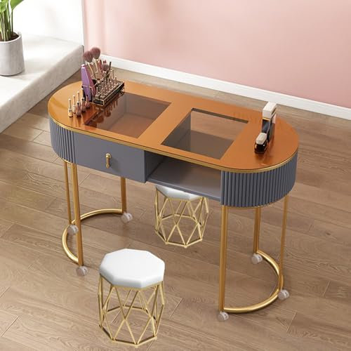 Stilvoller, funktionaler Tisch, Maniküretisch, Moderne, professionelle Nail-Tech-Manikürestation mit Schubladen und Regalen, feststellbaren Rollen und Glasplatte für das Beauty Salon Spa