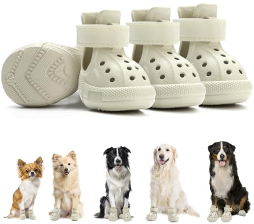 Eyein Hundeschuhe Pfotenschutz Sommer, Atmungsaktive rutschfeste Hundesandalen mit Verstellbare Reflektorstreifen für kleine, mittlere und große Hunde, leicht an- und ausziehbar (Weiß, Größe 5)