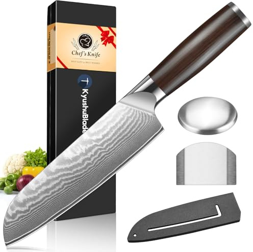 kyushublade Damastmesser Kochmesser 20.1cm 67 Schicht VG10 Damaszener Edelstahl mit Hohem Kohlenstoffgehalt Chefmesser Küchenmesser Profi Damast Messer mit Edelstahl Griff (7” Santoku)