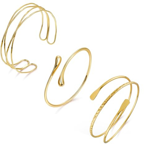 Lyfange Gold Arm Cuff for Women Upper Arm Cuff Bracelet Set Adjustable Armband Bangle Bracelet Boho Coil Arm Cuffs 3pcs 4pcs Arm Cuff Jewelry (3pcs gold A)