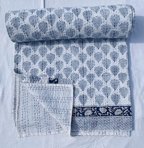 OZARK TEXTILE Indigo Leaf Block Print | 100% Cotton Throw Blanket Bedding | Lightweight Summer Quilt | Boho Bedspread (Indigo Blue & White, Queen (90X108), Leaf Block Print with Floral Border)