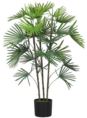 HOMCOM Palma Artificiale da 90 cm a 24 Foglie per Interni con Vaso da Ø16.5x13.5 cm, Pianta Verde Finta in Plastica