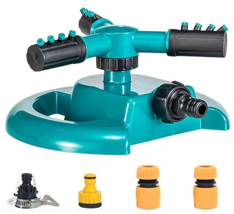Arroseur automatique à 3 bras - Rotation à 360° - Portée de 82 m - 80 psi - Pour pelouse, parterre de fleurs, potager, parc (21 x 19 cm, bleu)