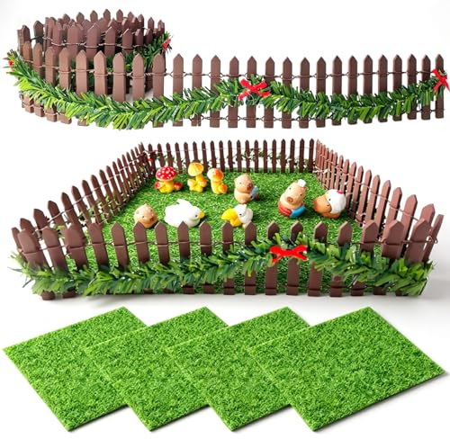 Wichtel Zubehör Wichtel Zaun Holz Set mit 15 x 15 cm Kunstrasen Zum Basteln | 5 Teiliges Braunem Wichtelzaun Miniatur Zubehör für Miniatur Garten Puppenhäuser, Wichtelhaus Weihnachten Dekoration