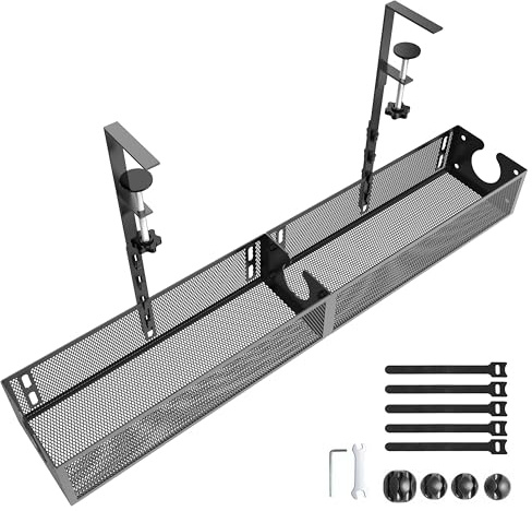 Under Desk Cable Management Tray - No Drill or Screw Mount Option, Heavy Duty Metal Cord Organizer Rack, Power Strip Holder for Office & Home