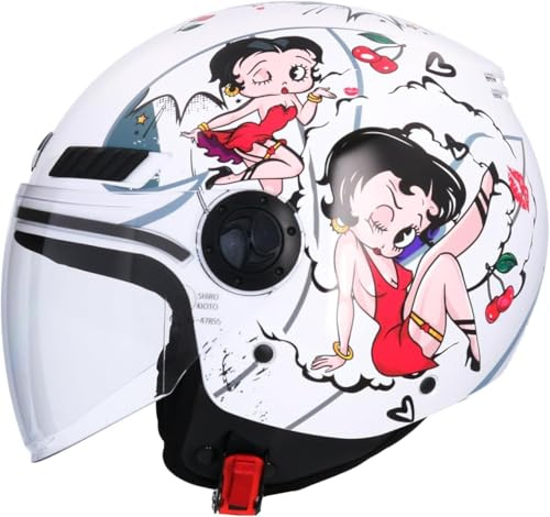 Casque jet Shiro SH-62 La Betty II - Design exclusif Betty Boop, blanc brillant, visière rabattable, homologué (XS 53/54)