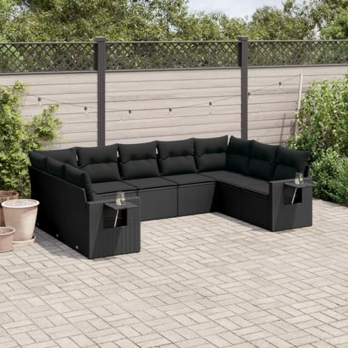 JHQHSM Set di 9 divani da giardino con cuscino in polyrattan nero, design modulare con vano portaoggetti e sacchetto impermeabile, ripiani pieghevoli, rivestimenti rimovibili, in rattan PE durevole