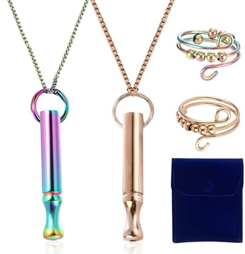Hoadyush Collier de Respiration 2 Pièces – Collier Anti Tabac avec 1 sac à Bijoux, 2 Bagues Tendance, Arreter de Fumer pour la Méditation, la Relaxation, l'apaisement (Coloré, Or Rose)