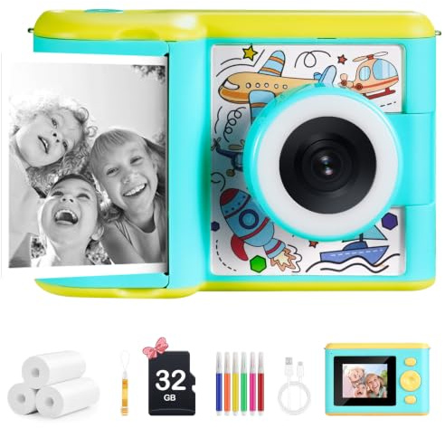 Appareil Photo Instantané Enfant - Caméra Écran IPS 2,4 - Modes Selfie & Vidéo - 32 Go + 3 Rouleaux Papier Photo - Jouet Cadeau Noël/Anniversaire Fille Garçon 3-14 Ans (Bleu)
