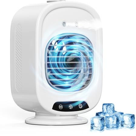 Mobile Klimaanlage, Mini Luftkühler mit 800mL Wassertank, 3 Geschwindigkeiten, 2 Sprühmodus, Mobil Klimagerät USB, Klimaanlage mobil für Büro, Schlafzimmer, Camping(Weiß)