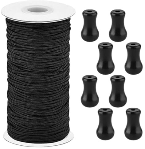 IMIKEYA Juego de Cuerda para Persianas Enrollables 10 Metros, Cuerda de Repuesto Negra 1.8 Mm con 8 Extremos de Tirador para Cortinas, Accesorios Duraderos para Reparación y Uso en Hogar
