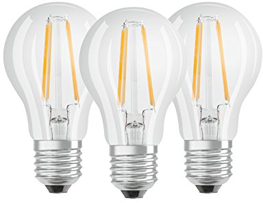 Osram Lamps LED Base Classic A Lampe, in Kolbenform mit E27-Sockel, nicht dimmbar, Ersetzt 60 Watt, Filamentstil Klar, Warmweiß - 2700 Kelvin, 3 Stück (1er Pack)